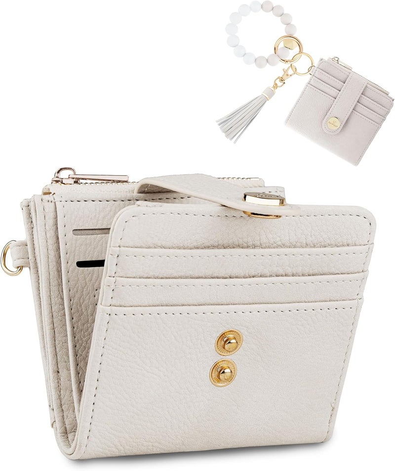 Sunpour Small Wristlet Wallets for Women Keychain Wristlet Wallet RFID Blocking Key Chain Wallet With Zipper Coin Pocket,2 Id Window (Beige) - Image 1